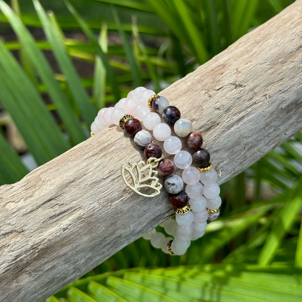 Rose Quartz & Laguna Lace Agate stretch Bracelets, set of 3
